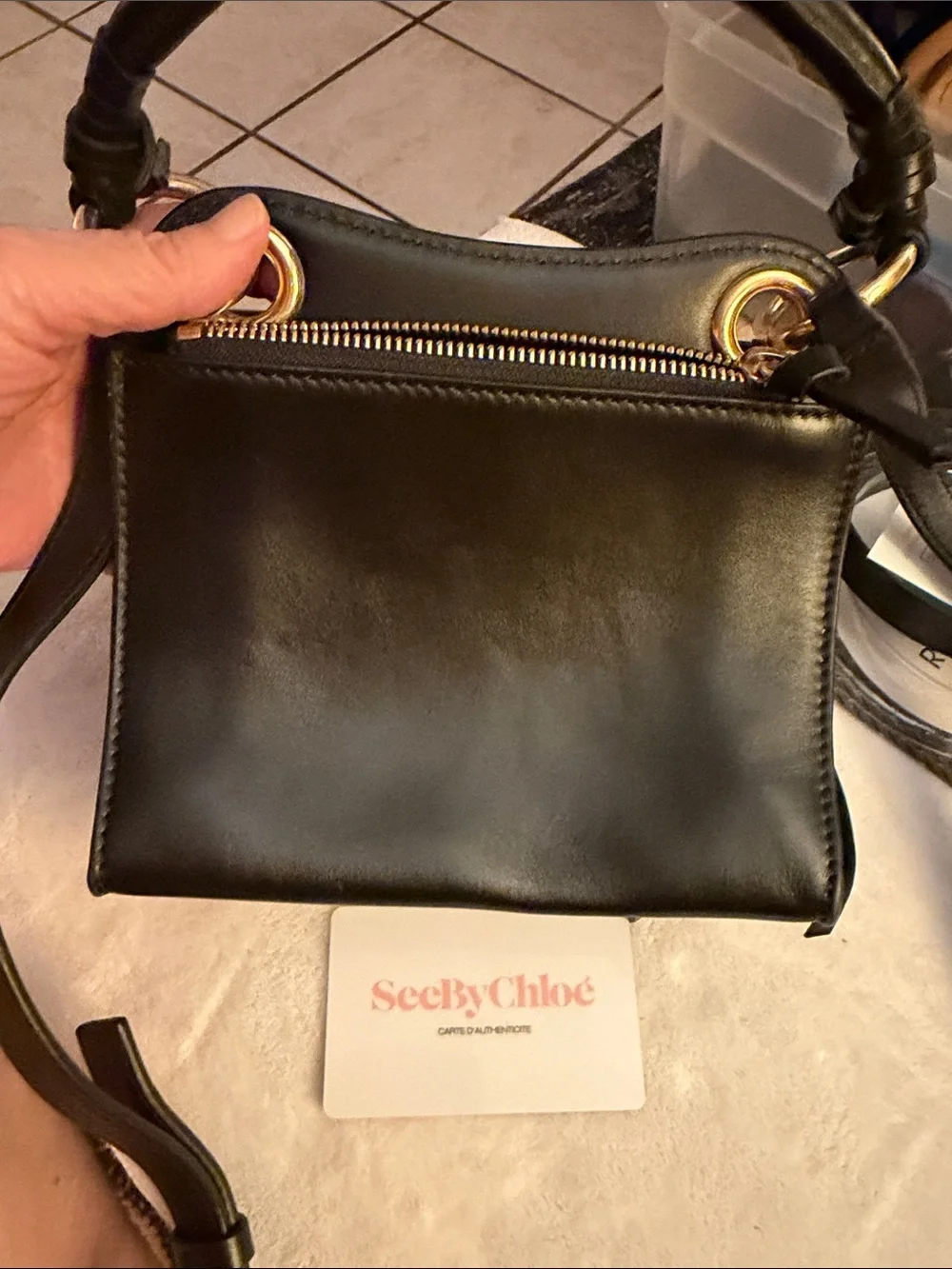 Black Satchel Handbag with Woven Edge and Gold Charm